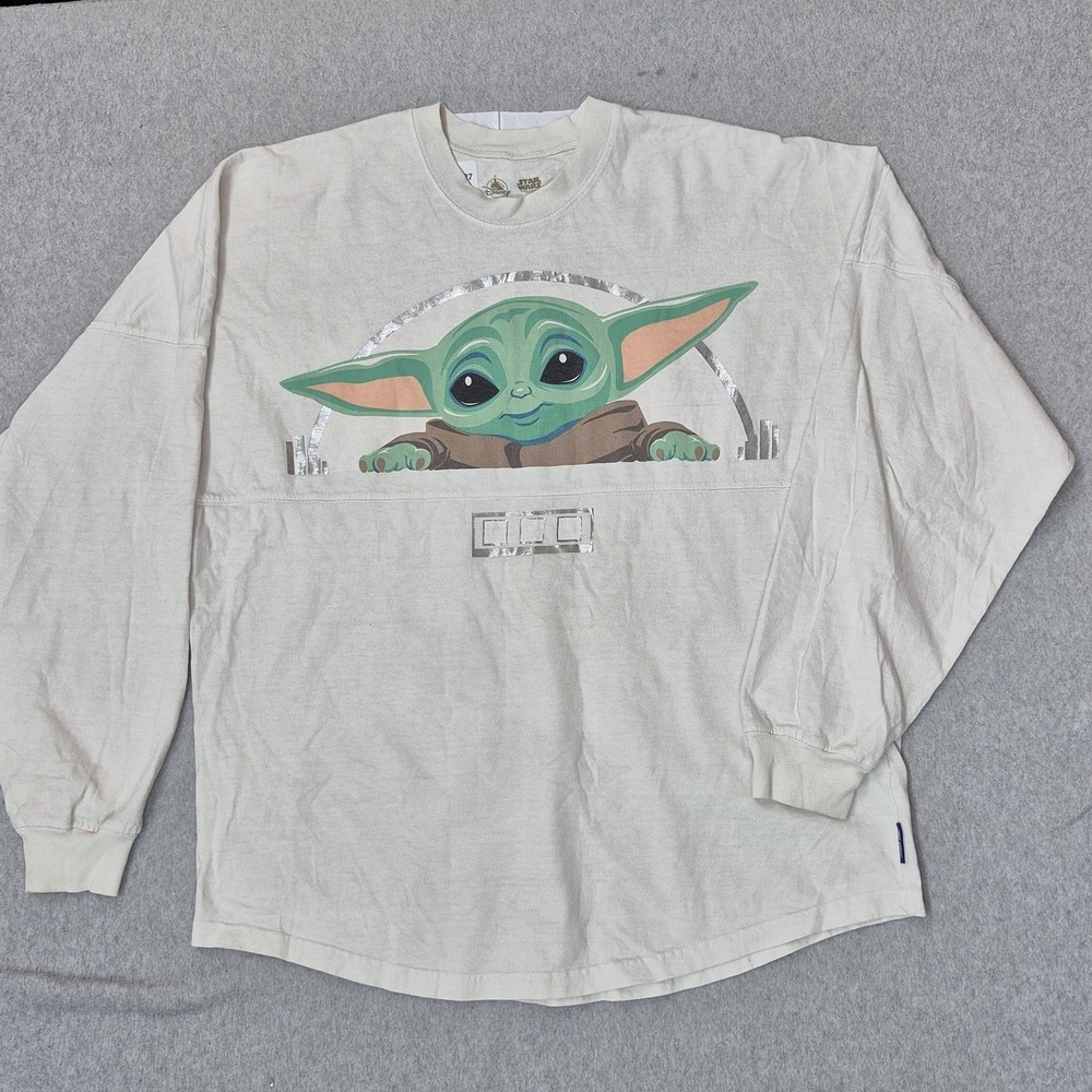 Disney Men Jersey M Beige Graphic Baby Yoda Spirit Jersey Logo Long Sleeve READ